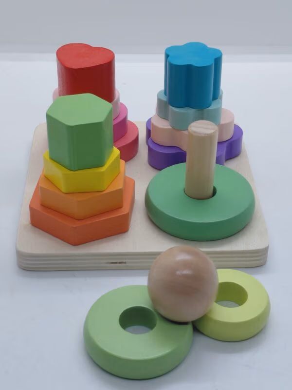 Juego de Encastre y Torres de Madera - Figuras Geométricas