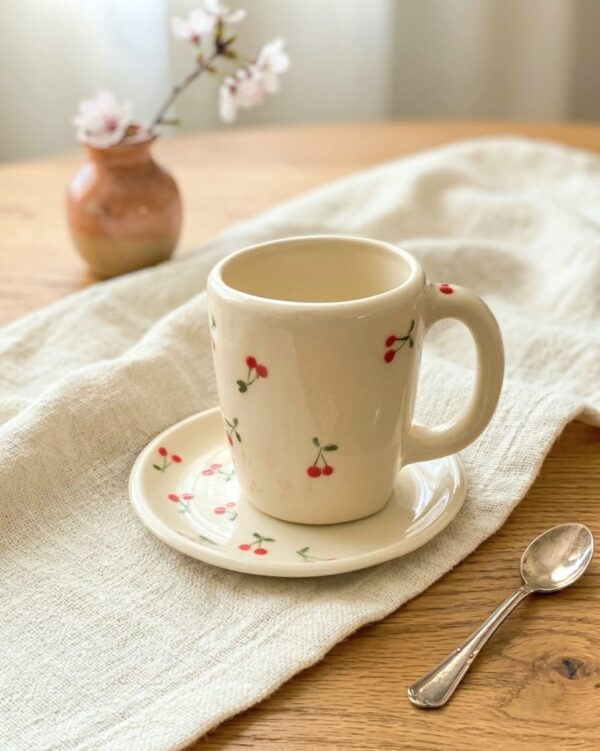 Taza y plato cerezas