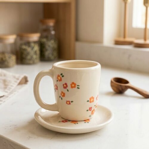 Taza y plato Flores Naranja