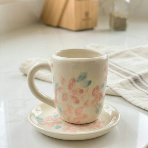 Taza y plato - Flores rosa